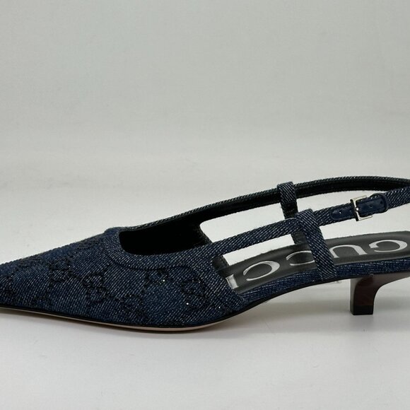 Gucci Crystal GG Monogram Demi Slingback Pumps Kitten Heels Sandals Shoes - Picture 4 of 16